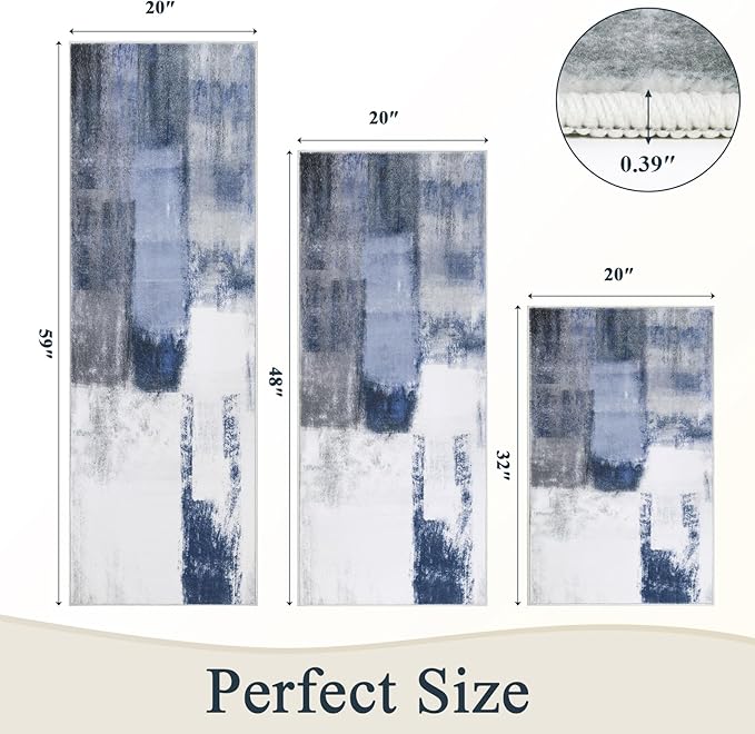 Pauwer Kitchen Mats for Floor 3 Piece Set Boho Non Slip Kitchen Rugs Washable Farmhouse Kitchen Floor Mats Thick Long Kitchen Throw Area Rug Carpet Runner for Hallway Entryway Laundry Bathroom, Blue