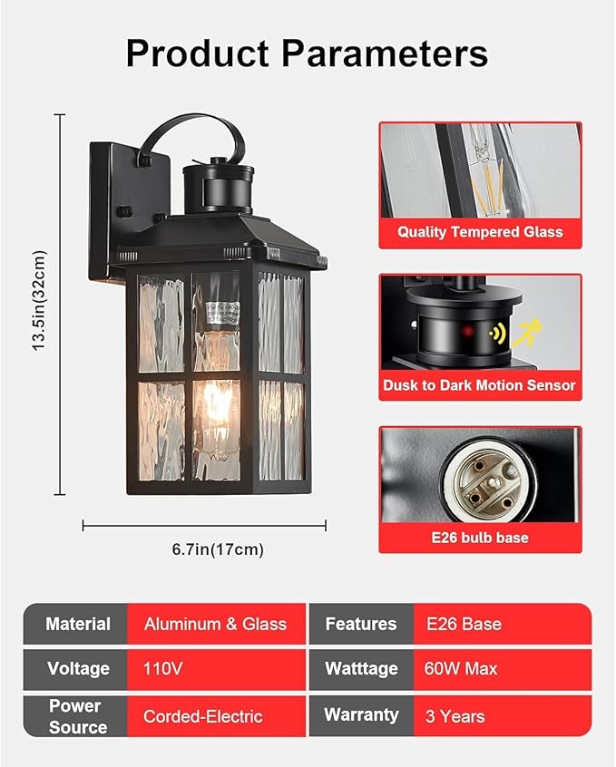 Porch Lights Outdoor 2 Pack,Motion Sensor Exterior Light Fixture with Dusk to Dawn Outdoor Wall Lights Modern Sconce Lights for House Patio Front Door Garage