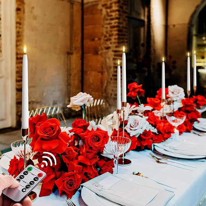 Homemory 11 inches Waxy Battery Operated Taper Candles with Remote Timer Dimmer, 6 Pcs Flameless Taper Candles with Flickering Flame, White Candlesticks Battery Powered for Ceremony Memorial Decor