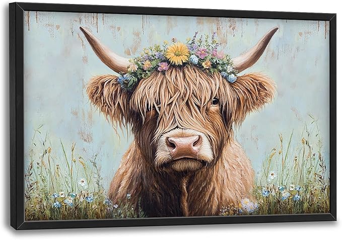 Highland Cow Framed Wall Art for Living Room, Large Cow Canvas Wall Decor, Animal Pictures Painting, Modern Artwork for Bathroom Bedroom Office 36L'' × 24W''