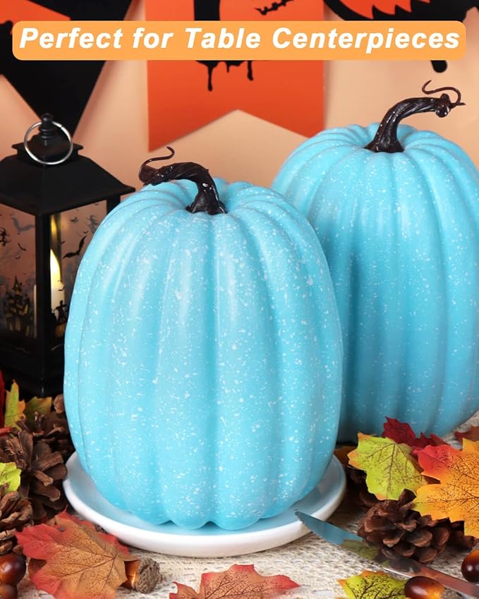 vensovo 2PCS 8 Inch Light Blue Plastic Pumpkins for Decorating–Large Artificial Foam Pumpkins for Fall Decor, Halloween, Thanksgiving, Paintable for DIY Crafts & Centerpieces