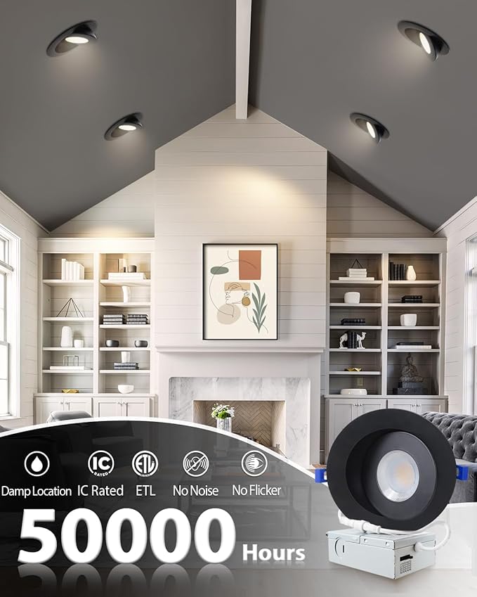 zouzai 5CCT LED Gimbal Led Recessed Light with Junction Box, 360°+90° Adjustable Directional Eyeball Lighting, Dimmable, 2700K/3000K/3500K/4000K/5000K,ETL&Energy Star (6 inch, Black 6 Pack)