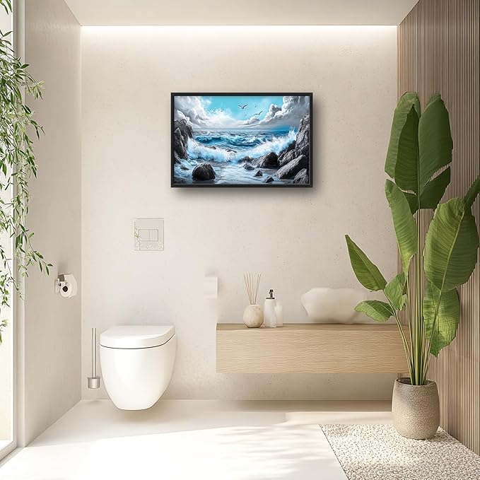 Extra Large Framed Abstract Sea Ocean Wall Art,Black and White Wall Decor, Coastal Seashore Pictures for Living Room,Canvas Print Painting Modern Artwork Bedroom Office Bathroom 36L x 24W