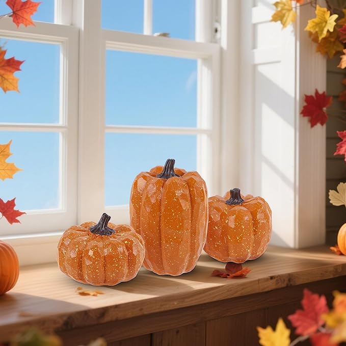 winemana Pumpkins Fall Decor Set of 3 - Artificial Resin Thanksgiving Table Centerpiece for Home Mantel Porch Office & Farmhouse, Decorative Elegant Pumpkin Autumn Harvest Decorations (Orange)