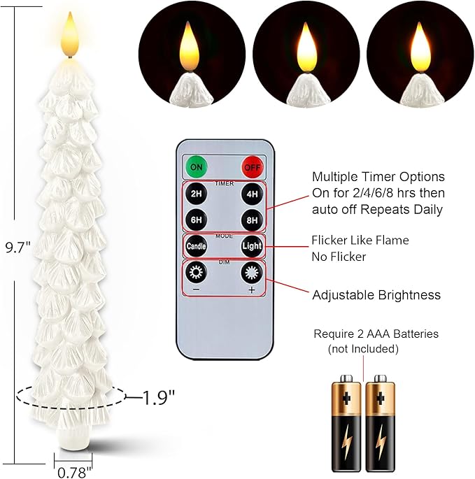 Homemory 3 Pcs Christmas Tree Candles with Remote, Waxy Flameless Taper Candles Flickering, White LED Candlesticks Battery Operated for New Year Celebration Holiday Decorations 9.7 Inches