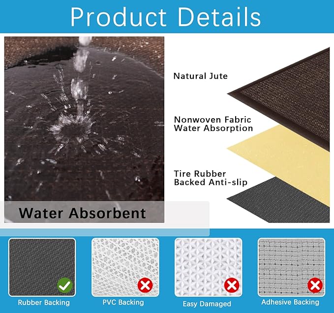 GOYLSER 5ft Kitchen Runner Rugs Non Skid, Absorbent Small Jute Kitchen Carpet Rugs, Rubber Backed Home Floor Mat, Deep Brown