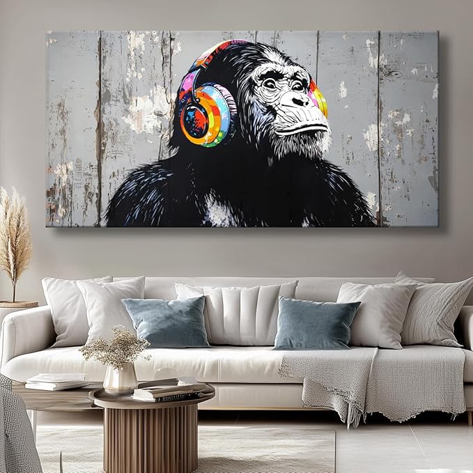 Wall Art Graffiti Gorilla Abstract Canvas Painting Textured Picture, Modern Landscape Artwork Framed for Living Room Bedroom Bathroom Office Home Decor 48x24in