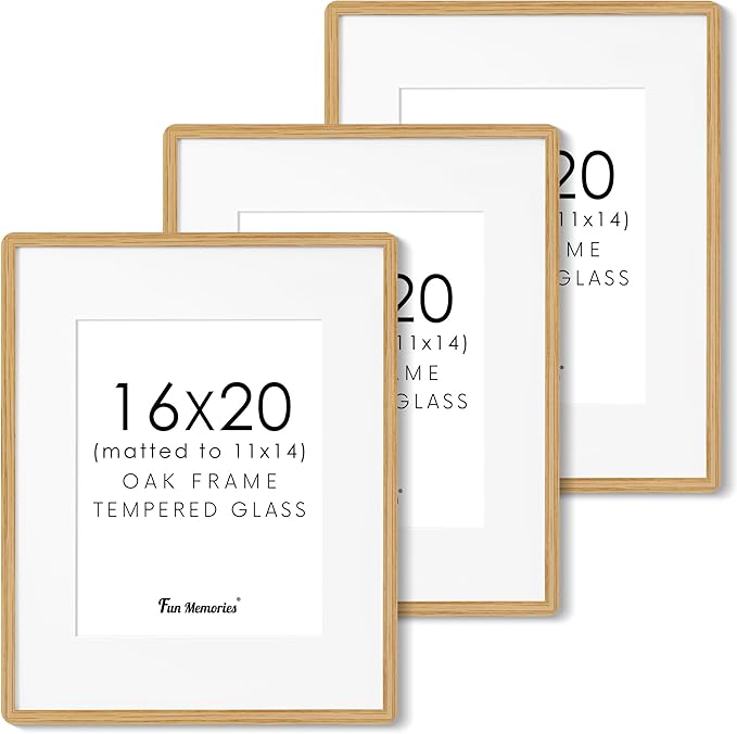 16x20 Picture Frame for Wall, Solid Oak Wood 16 by 20 Frames, 16 x 20 Poster Frame with Tempered Glass, 16x20 Frame Matted to 11x14, 16"x20" Wood Frame for Home Decor, Natural Oak Color, 3 Pack