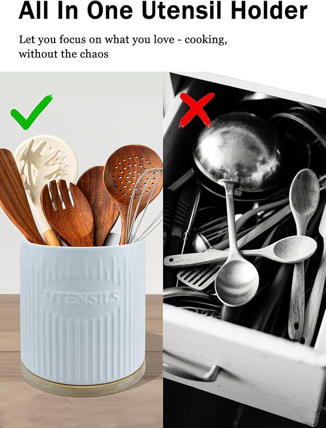 360° Rotating Utensil Holder, 7.6" Large Ceramic Kitchen Utensil Holder for Countertop with Bamboo Base, Stable Utensil Organizer, Farmhouse kitchen Decor, White