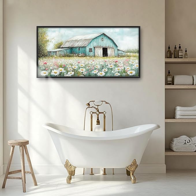 Farm Barn Large Wall Art for Living Room Framed, Farmhouse Wall Decor Pictures, Teal Barn Canvas Print Painting, Aesthetic Artwork Bedroom Office Home Decor 60"x30"
