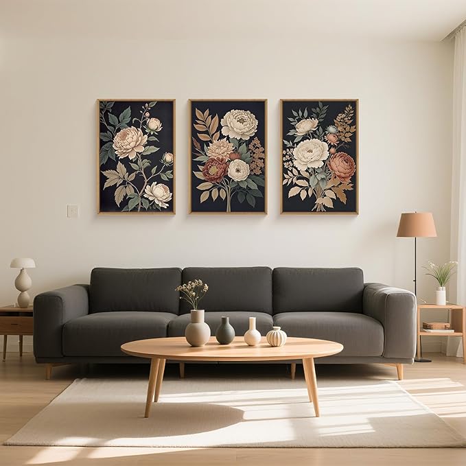 HOURIA Large Moody Dark Flower Framed Canvas Wall Art,Retro Beige Red Peony Wall Decor,Vintage Textured Blossom Botanical Artwork,Natural Wildflower Art Print for Living Room,Bedroom,Office-24 x36 x3