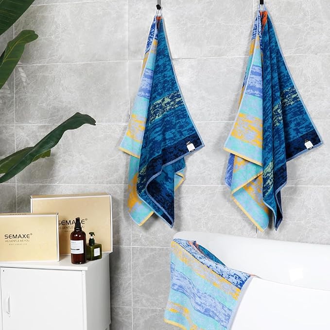 SEMAXE Bath Towel Set of 8 Include 2 Bath Towels, 2 Hand Towels, 4 Washcloths, 100% Cotton Bathroom Towels with Hanging Loops and Nano-Bio Lifecycle Labels,Colorful Towel - The Starry Night Collection