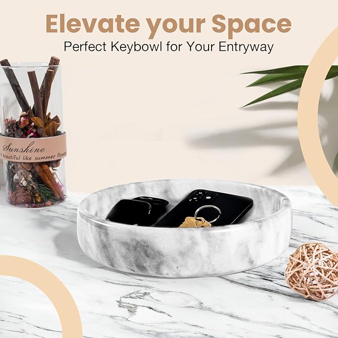 Marble Decorative Bowl - 7.5" White/Grey Solid Marble Centerpiece - Handmade Stone Fruit Bowl - Catch-All or Key Bowl for Kitchen - Modern Minimalist Decor