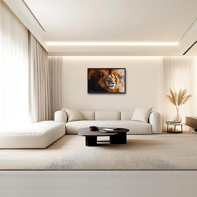 Lion Framed Wall Art for Living Room, Large Brown Lion Canvas Wall Decor, Wild Animal Pictures Painting, Modern Artwork for Bathroom Bedroom Office 36L'' × 24W''