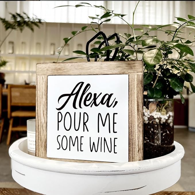 Kitchen Decor, Wooden Box Signs for Home Decor, Home Bar Decortion, Farmhouse Decortion Tabletop, Dining Room Decors Set, Home Decors Accents, Wine Sign, Alexa Pour Me Some Wine Sign