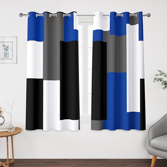 Blue Gray 100% Blackout Curtains 45 inch Length 2 Panels Set White Grey Modern Abstract Geometric Drapes for Kitchen Black Out Curtains Insulated Room Darkening Small Window Curtains, 52Wx45L