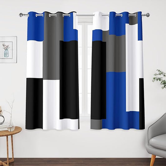 Blue Gray 100% Blackout Curtains 45 inch Length 2 Panels Set White Grey Modern Abstract Geometric Drapes for Kitchen Black Out Curtains Insulated Room Darkening Small Window Curtains, 52Wx45L