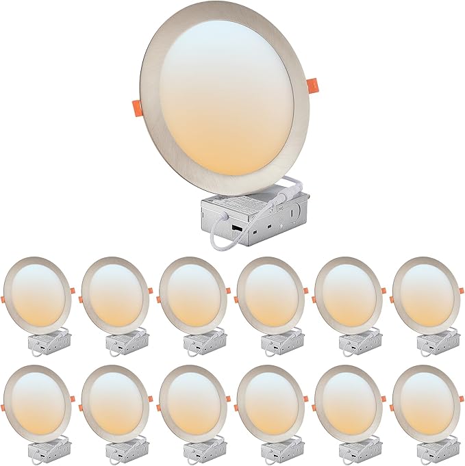DLLT LED Recessed Ceiling Lights: 12 Pack 8 Inch 5CCT Ultra-Thin Lighting with Junction Box for Bedroom - 1800LM Brightness 18W Eqv 170W Dimmable Canless Wafer Downlight with ETL&FCC-Nickel Brush
