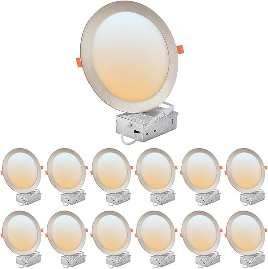 DLLT LED Recessed Ceiling Lights: 12 Pack 8 Inch 5CCT Ultra-Thin Lighting with Junction Box for Bedroom - 1800LM Brightness 18W Eqv 170W Dimmable Canless Wafer Downlight with ETL&FCC-Nickel Brush
