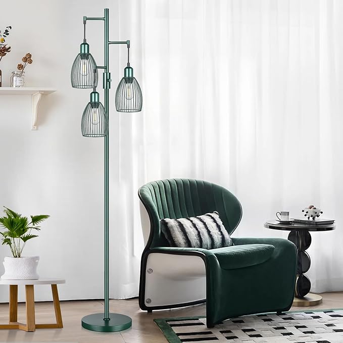 Dimmable Industrial Floor Lamps for Living Room, Green Tree Standing Tall Lamps with 3 Elegant Teardrop Cage Head & 800 Lumens LED Bulbs for Bedroom Office