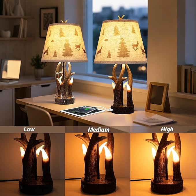 Rustic Antler Table Lamp Set of 2 – Touch-Control 3‑Level Dimming, Dual Light Source with Glowing Antler Night Light, USB‑C & USB‑A Charging Station, Bedroom & Living Room DécorLiving Room