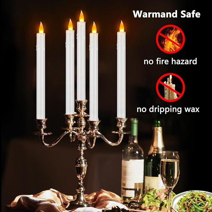 12 Pcs Flickering Flameless Taper Candles, 10" Fake Taper Candles Battery Operated with Timer, Long Lasting-White Electric Led Candlesticks for Xmas Halloween Wedding Home Décor