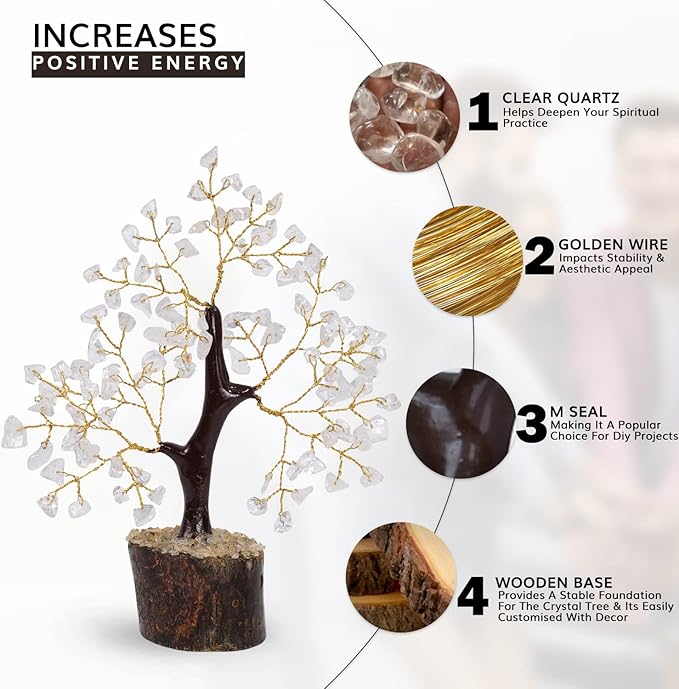 NARIBABU Clear Quartz Crystal Tree (7–8 Inch, 100 Chips) – Handmade Gemstone Bonsai for Clarity & Decor – Birthday Gifts for Women, Gift for Her, Spiritual Gift, Office Desk Decor