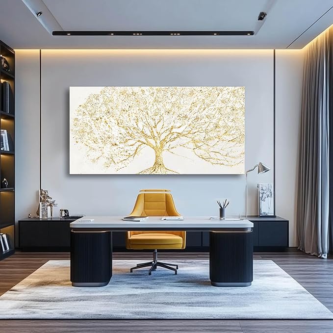 Big Gold Tree Wall Prints Framed Canvas Picture Neutral Wall Decor 29"x58" White and Gold Abstract Wall Art for Living Room Bedroom Dining Room