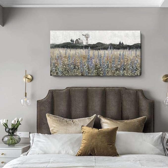 Large Wall Art for Living Room Vintage Farmhouse Decor Nature Wildflower Field Landscape Wilderness Meadow Painting Classical Scenery Canvas Print Rustic Countryside Windmill Barn Artwork 24x48inch
