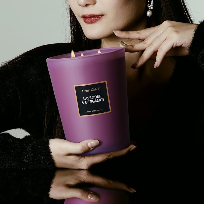 HomeLights Highly Scented Soy Candles Big 33.3 oz for Home. 3 Cotton Wicks, Smokeless Long Lasting 130 hrs in Lavender & Bergamot. 5x6, Great Gift for Women & Men