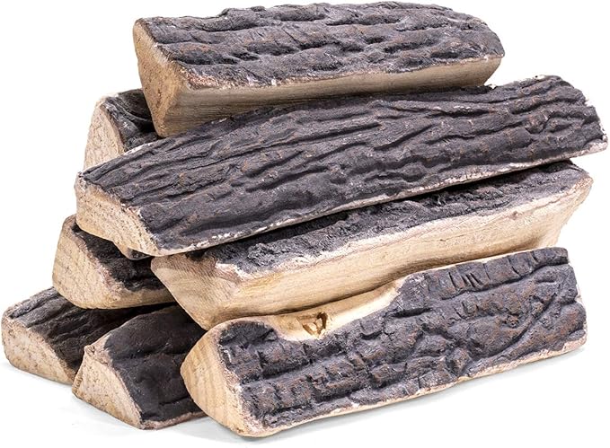 Barton 8-Pieces Realistic Ceramic Wood Log Set Ash Wood Style Stackable Logs Gas Heat Resistant Outdoor/Indoor Fireplace Fire Wood Fake Logs (8PCS)
