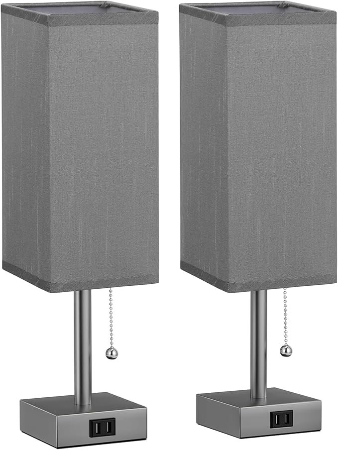 Grey Bedside Table Lamps for Bedroom Set of 2 - Small Rectangular Nightstand Lamp with AC Outlet Charging Port, 3 Color Temperatures Light, Tabletop Reading Lamp for Living Room/Dorm/Office