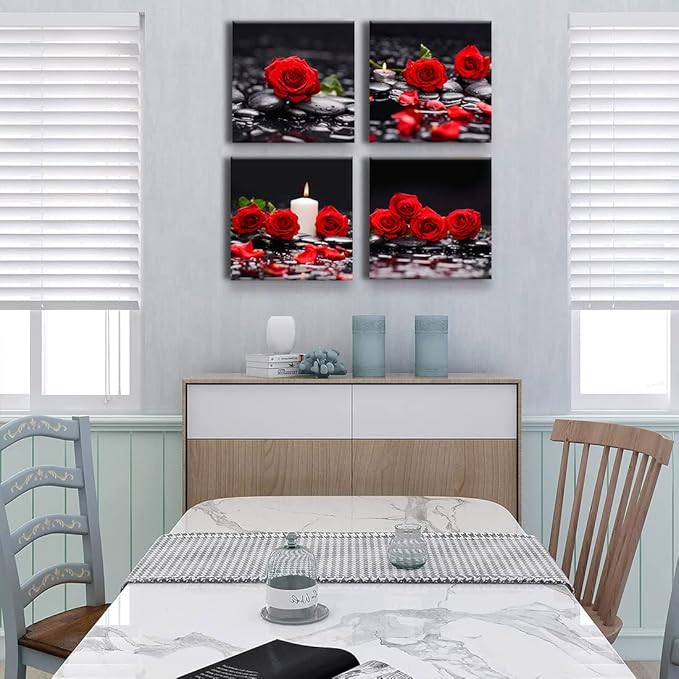 Yxbhhym-Zen Bathroom Wall Art Rose Picture Black and Red Wall Decor Flower Canvas Prints Meditation Poster Framed Wall Art for Living Room Bedroom Accessories Room Décor Spa Stone Decorations