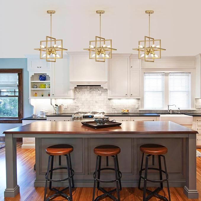 Small Modern Lantern Chandeliers,Geometric Gold Pendant Light Fixture,8-Light Industrial Hanging Chandelier for Dining Room, Living Room,Kitchen, Bedroom, Foyer, Hallway, UL Listed