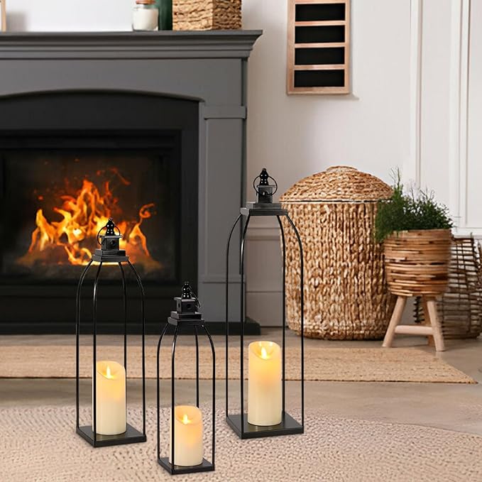 3 Pcs Black Metal Decorative Candle Lantern Set, 16'' 19'' 22'' Modern Lantern with 3 Flameless Candles for Indoor & Outdoor, Decorative Large Lanterns for Porch, Patio, Fireplace & Home Decor
