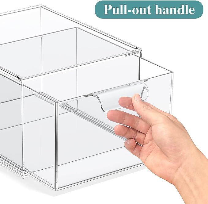 4 Pack Stackable Makeup Organizer and Storage, Acrylic Organizers，Clear Plastic Storage Drawer with Handles for Vanity, Undersink, Kitchen Cabinets, Pantry