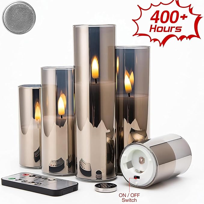 Eywamage 5 Pack Grey Glass Flameless Candles with Remote, Flickering Slim Tall LED Pillar Votive Candles Battery Included
