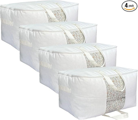 Soft Canvas Clothes Storage Bags with Four Carrying Handles and Clear Window, Closet Organizer for Clothing, Blankets Sheets Pillows and Bedding, 55L, 4 Pack, White