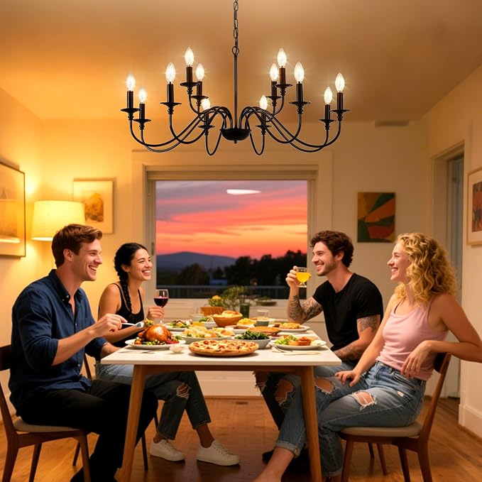 Depuley Farmhouse Chandelier Light Fixture: 12-Light Black Modern Chandelier for Dining Room Lighting - Industrial Hanging Pendant Lights Kitchen Island - Vintage Candle Chandeliers for Foyer