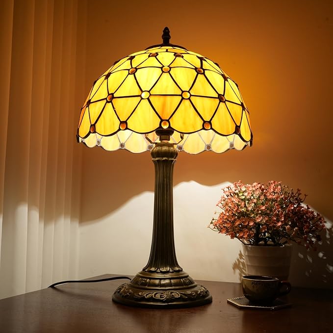 Tiffany Style Stained Glass Table Lamp Handmade Orange Tea Beads 12 Inch Warm Light Bedside Lamp For Bedroom Dorm Offee Shop Reading Study Home Decor Art Gift Retro Atmosphere Lighting Nightstand Lamp