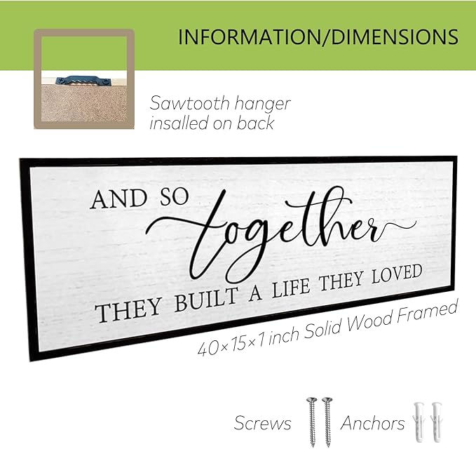 And So Together They Built A Life They Loved Wall Decor 40”X15” Rustic Master Bedroom Large Wood Framed Sign Above Bed Modern Farmhouse Quotes Couple Wall Art Over Bed Hanging Decoration (Black)