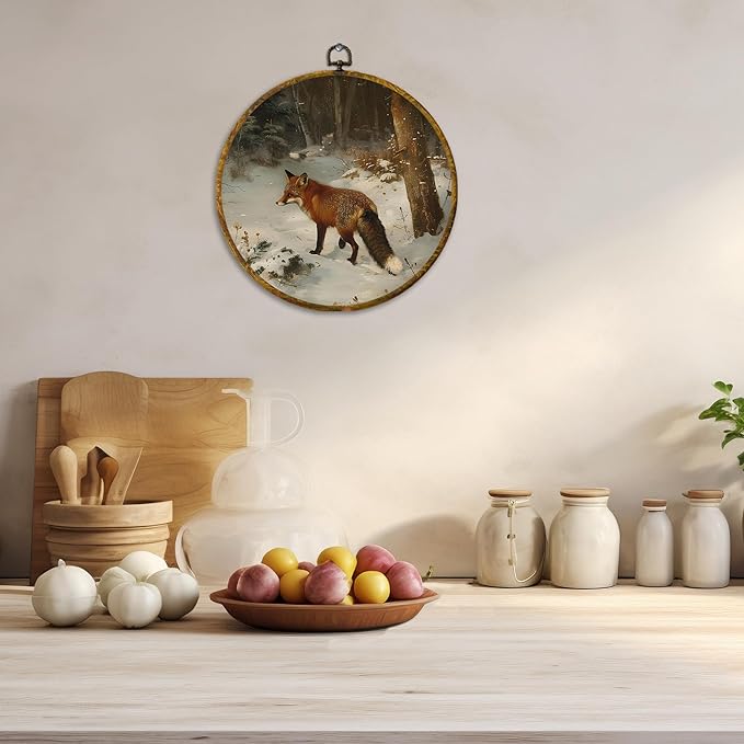 CUANFDDSF Vintage Winter Fox Round Wall Art Decor, Rustic Nature Snowy Forest Fox Wall Hanging Frame Decor, Cozy Winter Farmhouse Wild Animal Canvas Prints Decorations for Home Bedroom, 10x10 Inch