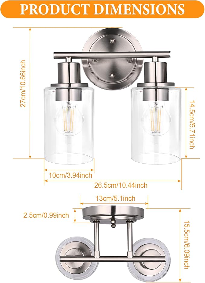 Brushed Nickel 2-Light Bathroom Lighting Fixtures Over Mirror - Brushed Nickel 2 Light Vanity Lights for Bathroom, 2-Bulb Wall Sconce Over Sink