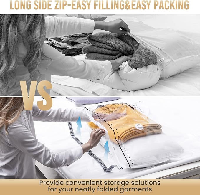 TAILI 6 Pack Vacuum Storage Bags, Combo(3 Large+3 Jumbo), Space Saver for Bedding, Blankets, Pillows, Clothes, LONG SIDE ZIP Vacuum Seal Bags for Clothing Ideal Under Bed Storage Solution