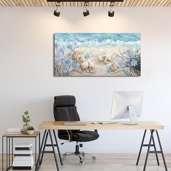 NINEASO Sea Beach Wall Art - Ocean Decor Coastal Scene Canvas Pictures Starfish Shells Seaside Painting Print Blue White Flowers Artwork for Living Room Bedroom Home Office 20" x 40"