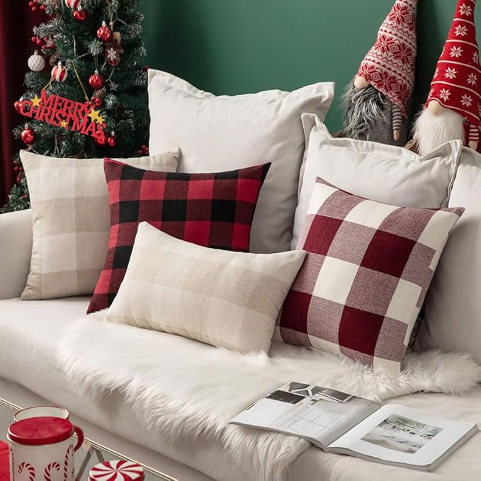 MIULEE Pack of 2 Classic Farmhouse Buffalo Check Plaids Polyester Linen Soft Soild Decorative Square Throw Pillow Covers Home Decor Cushion Case for Sofa Bedroom 18x18 Inch, Black and Red
