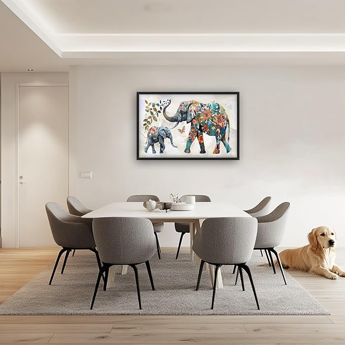 Abstract Elephant Large Framed Wall Art Floral Elephants Pictures Oversized Wall Decor Flower Leaf Butterfly Canvas Print Painting Aesthetic Modern Artwork for Living Room Bedroom Office Bathroom Home Decor 36L"x24W"