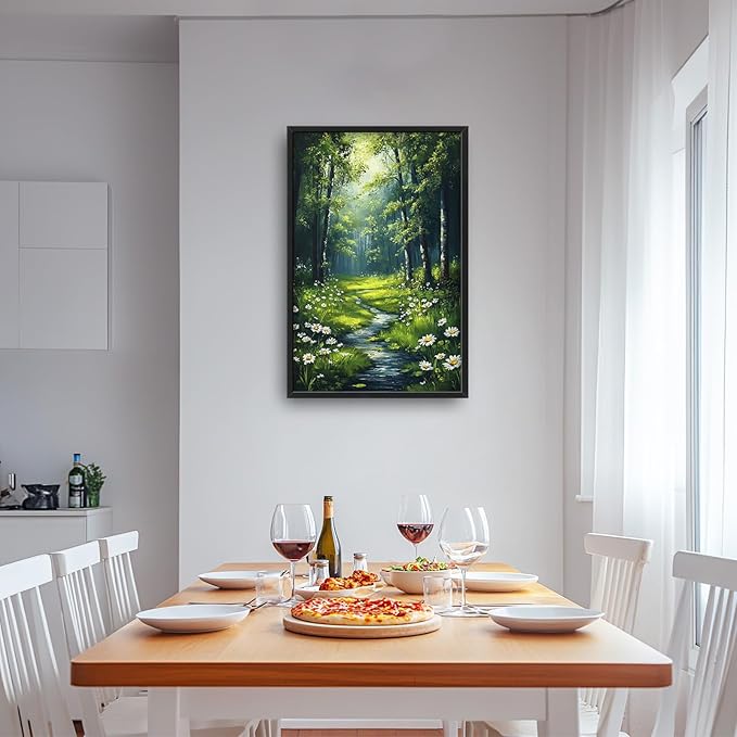 Green Forest Wall Art for Living Room, Large Tree Vertical Canvas Wall Decor, Daisy Flowers Pictures Framed Painting, Landscape Artwork for Bedroom Office Home Decor 36L'' × 24W''