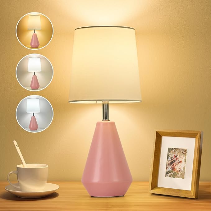 Small Bedside Table Lamp for Bedroom - Reading Desk Lamp with 3 Color Temperatures，15.5" Nightstand Ceramic Lamp with Fabric Shade for Kids Room,Living Room,Dorm,Home Office (Pink+White)
