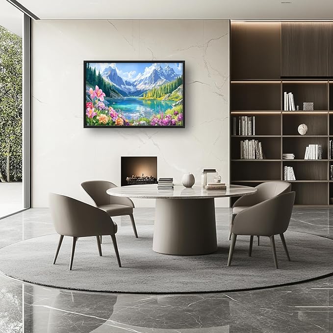 Extra Large Framed Mountain Lake Wall Art,Colorful Wild Flower Wall Decor,Mountain Forest Landscape Pictures for Living Room,Canvas Print Painting Modern Artwork Bedroom Office Bathroom 36L x24W